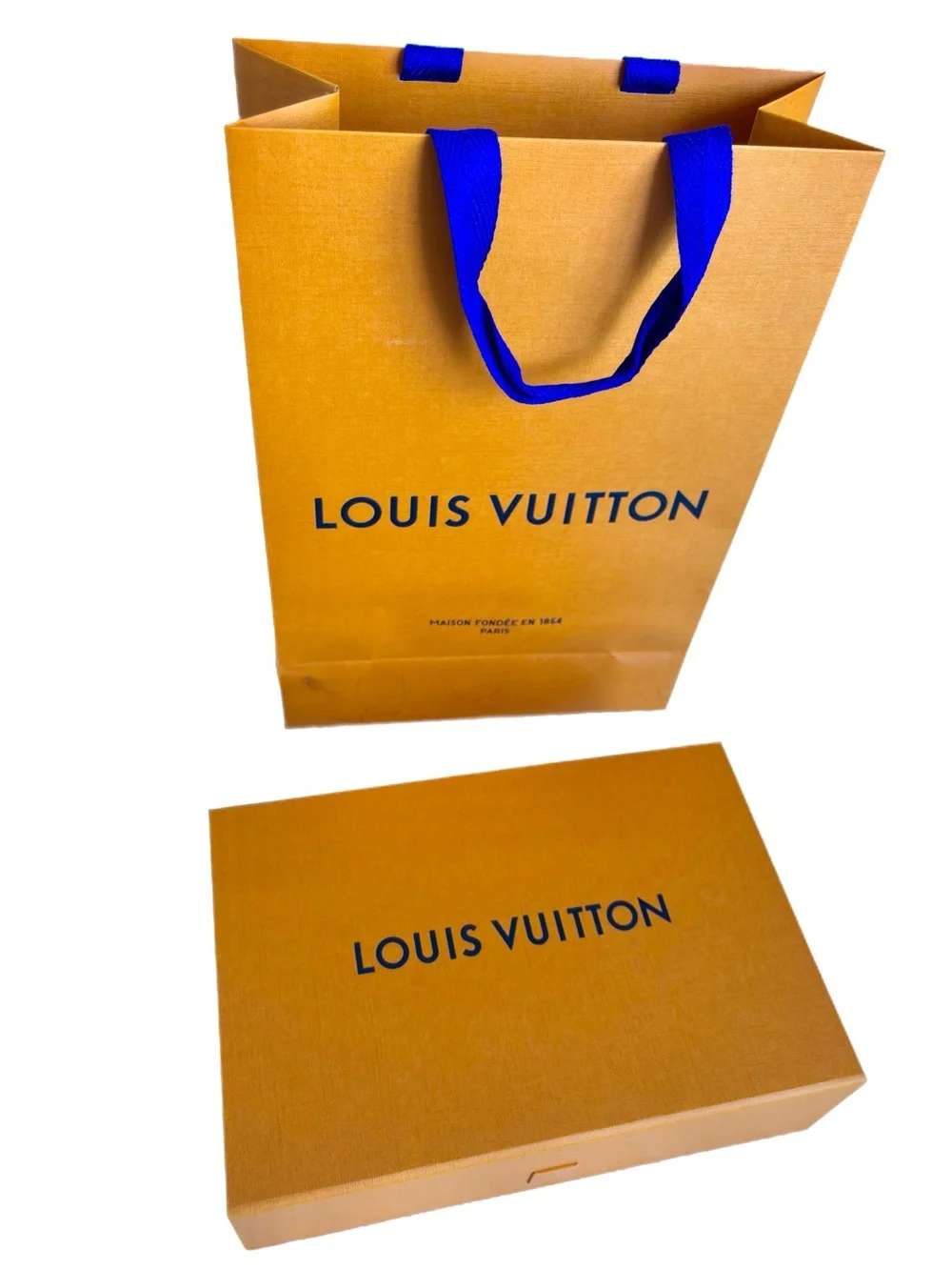 Louis Vuitton LV Orange Magnetic Gift Box and Shopping Bag w/Blue Ribbon Handles